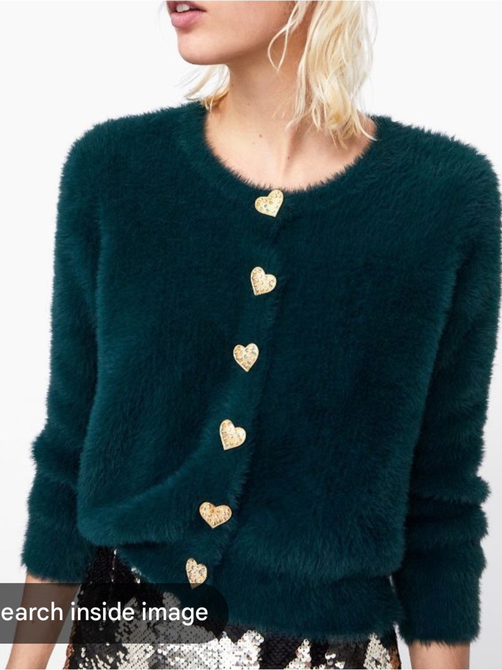 Zara: Teal Faux-Fur Cardigan with Gold Heart Buttons
